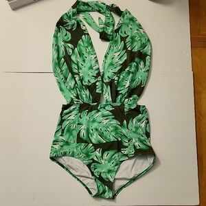Cocoship Leaf Print Halter Swimsuit.